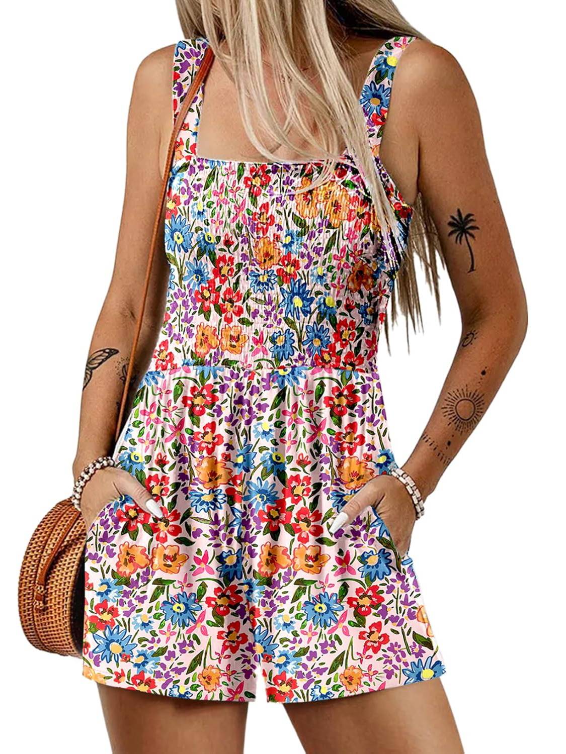 💃Women's Summer Square Neck Sleeveless Loose Casual Short Smocked Romper✨