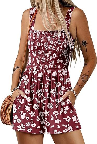 💃Women's Summer Square Neck Sleeveless Loose Casual Short Smocked Romper✨