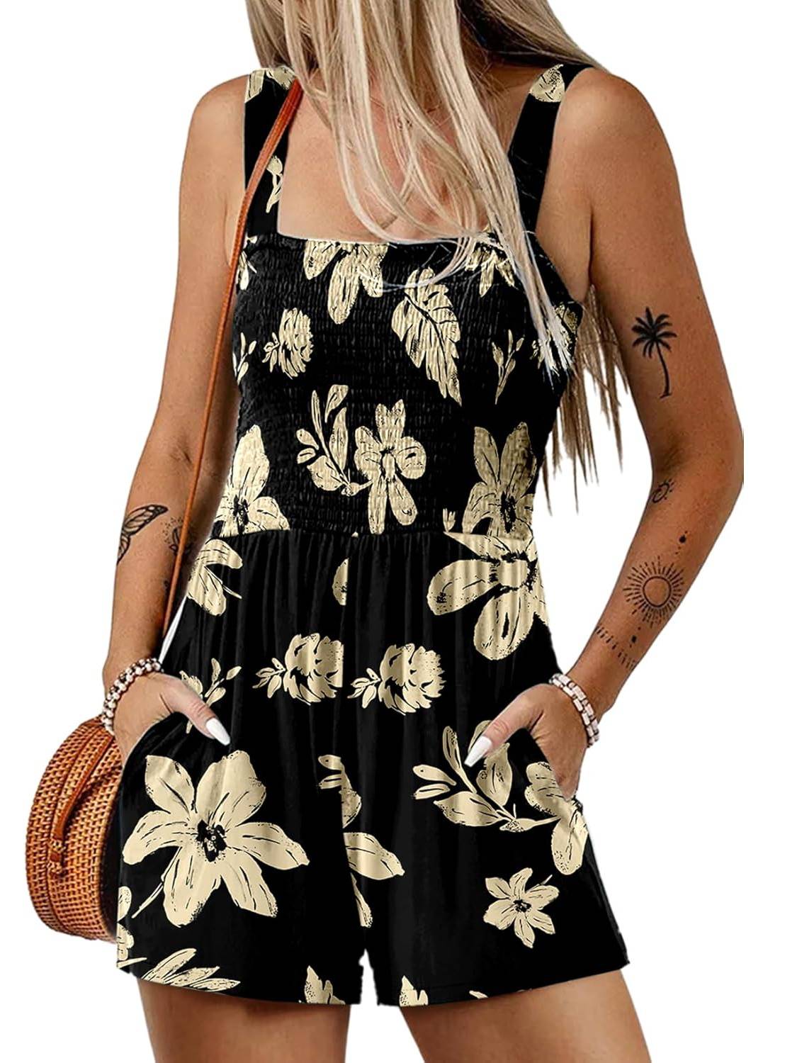 💃Women's Summer Square Neck Sleeveless Loose Casual Short Smocked Romper✨