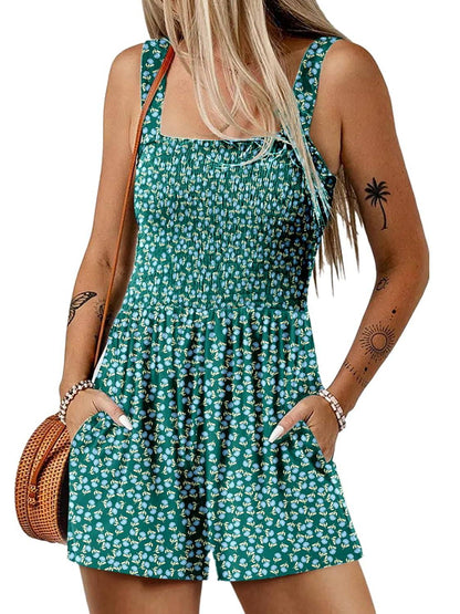 💃Women's Summer Square Neck Sleeveless Loose Casual Short Smocked Romper✨