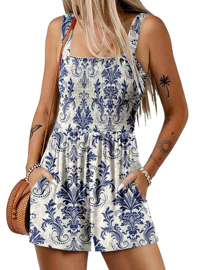 💃Women's Summer Square Neck Sleeveless Loose Casual Short Smocked Romper✨