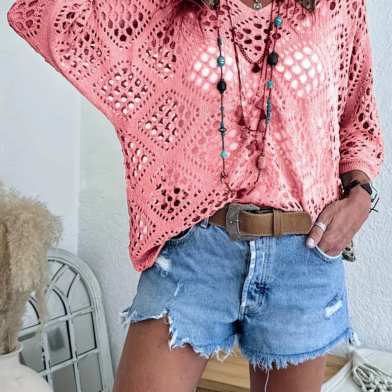 🥰Summer Sale💛Womens Bohemian-Inspired Beige Crochet Top With V-Neck