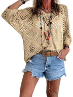 🥰Summer Sale💛Womens Bohemian-Inspired Beige Crochet Top With V-Neck
