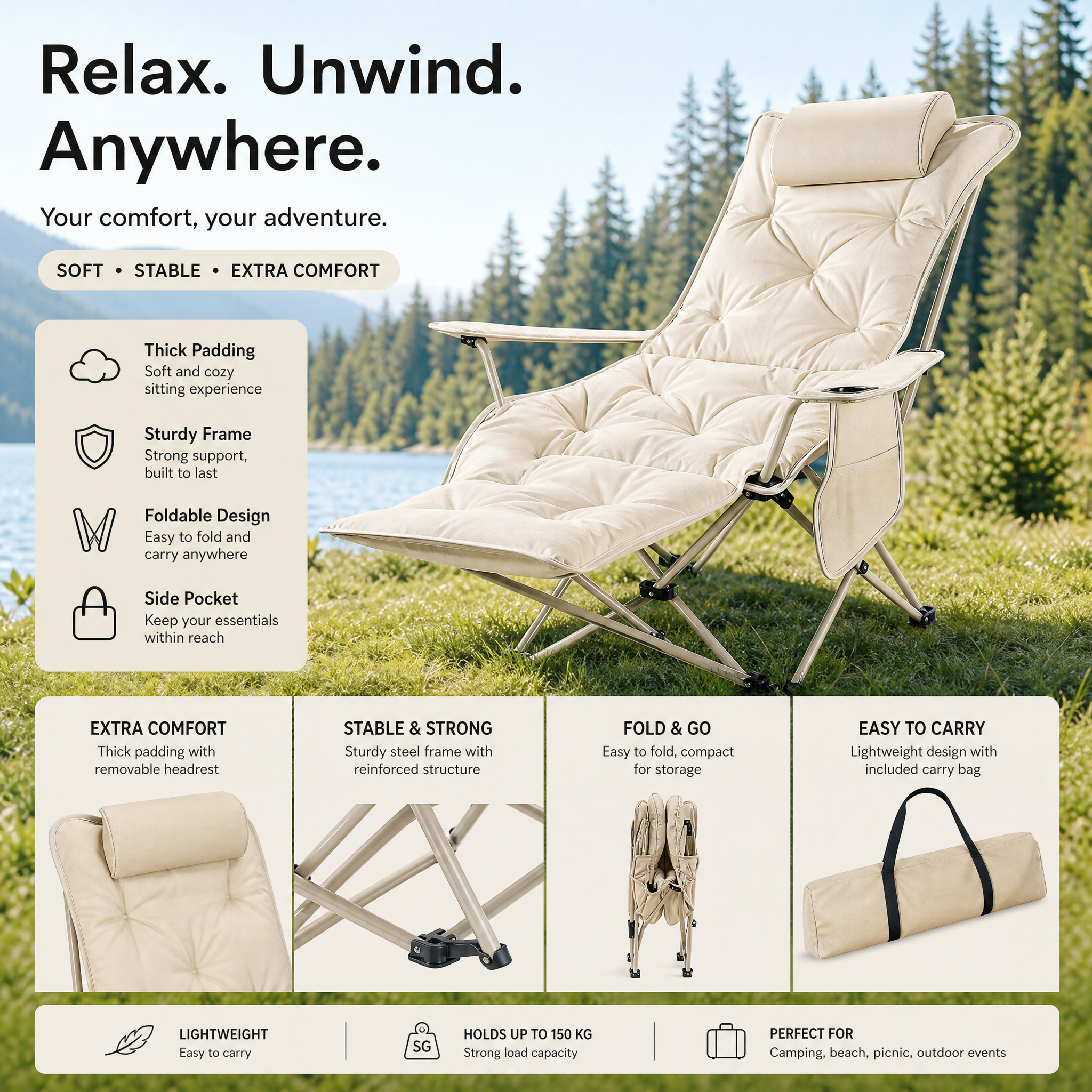 🪑🌿 Portable Adjustable Outdoor Folding Chair – Lightweight, Sturdy & Multi-Purpose  – Effortless to Carry & Set Up 🏕️✨