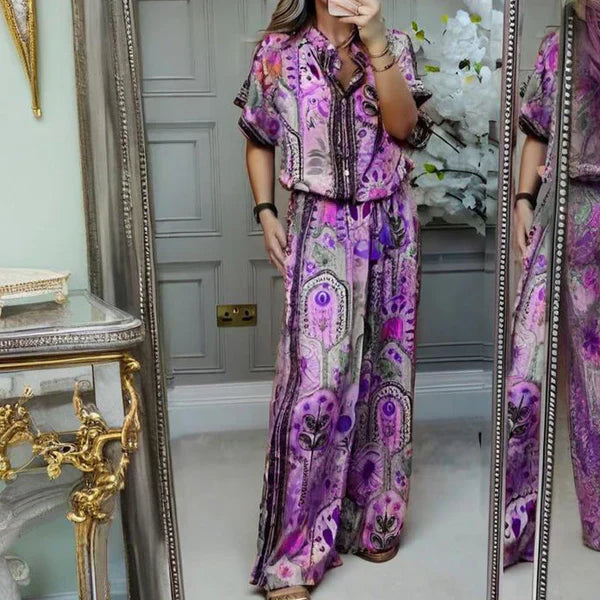 Women's Printed Top & Wide Leg Pants 2-Piece Set
