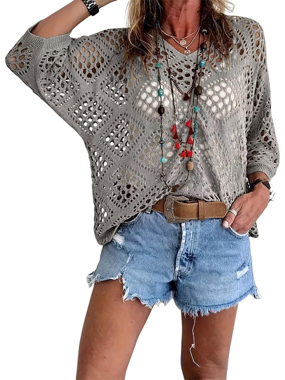 🥰Summer Sale💛Womens Bohemian-Inspired Beige Crochet Top With V-Neck