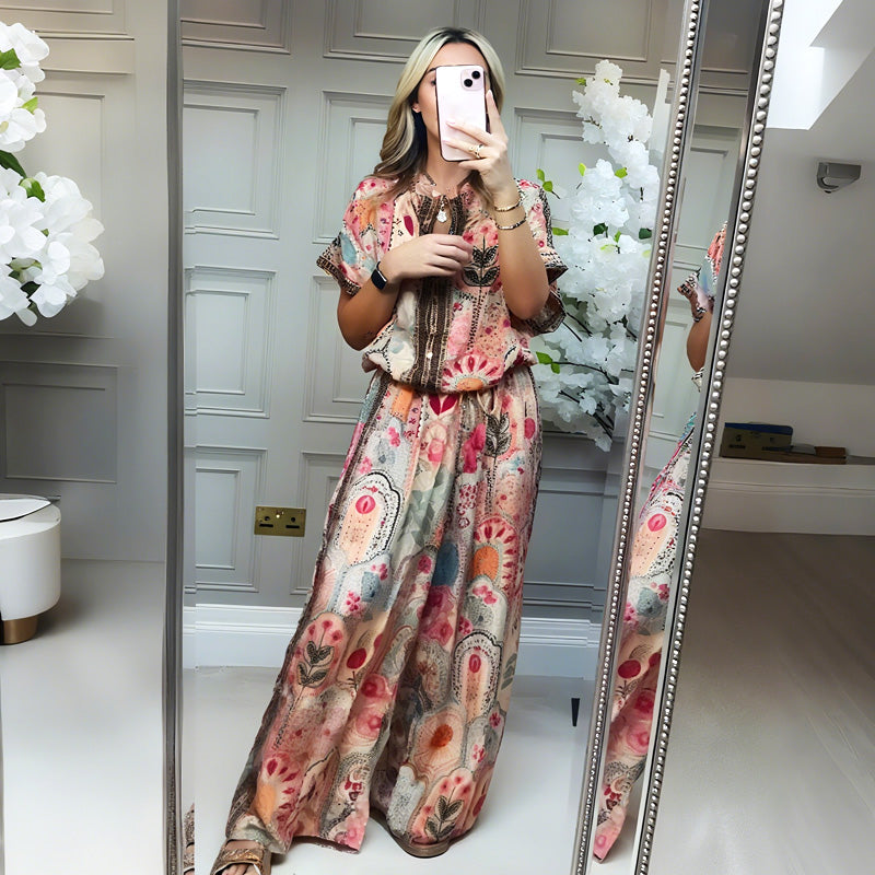 Women's Printed Top & Wide Leg Pants 2-Piece Set