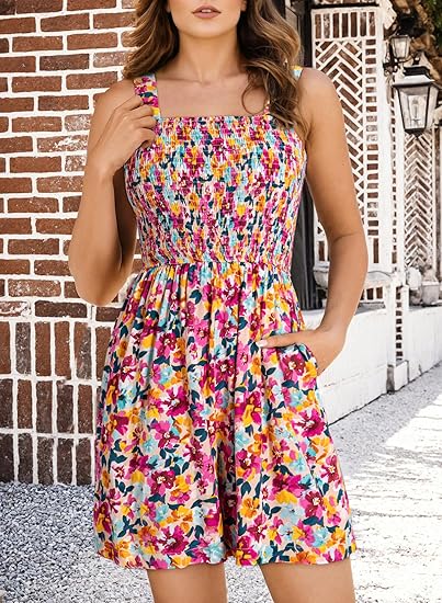 💃Women's Summer Square Neck Sleeveless Loose Casual Short Smocked Romper✨