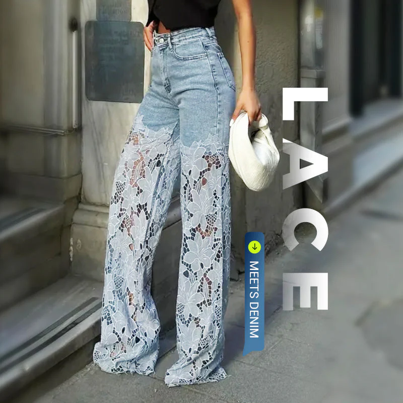 🌸Summer Hot🔥High Waisted Lace Splicing Jeans
