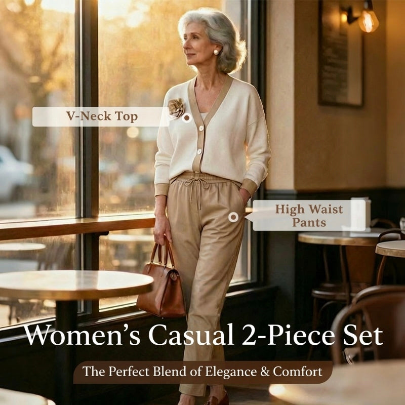 Women’s Casual V-Neck Top & High Waist Pants 2-Piece Set