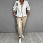 Women’s Casual V-Neck Top & High Waist Pants 2-Piece Set