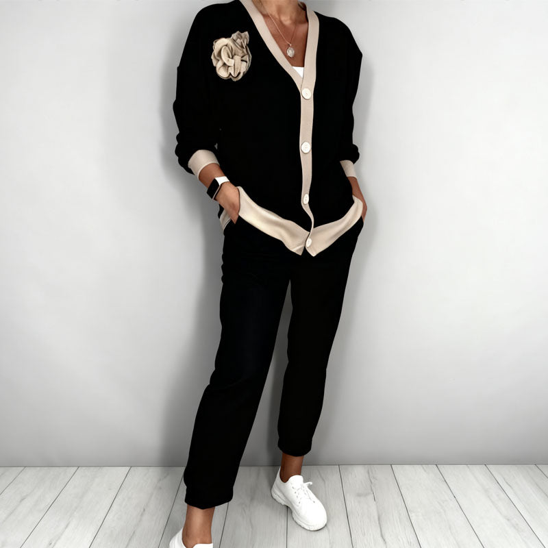 Women’s Casual V-Neck Top & High Waist Pants 2-Piece Set