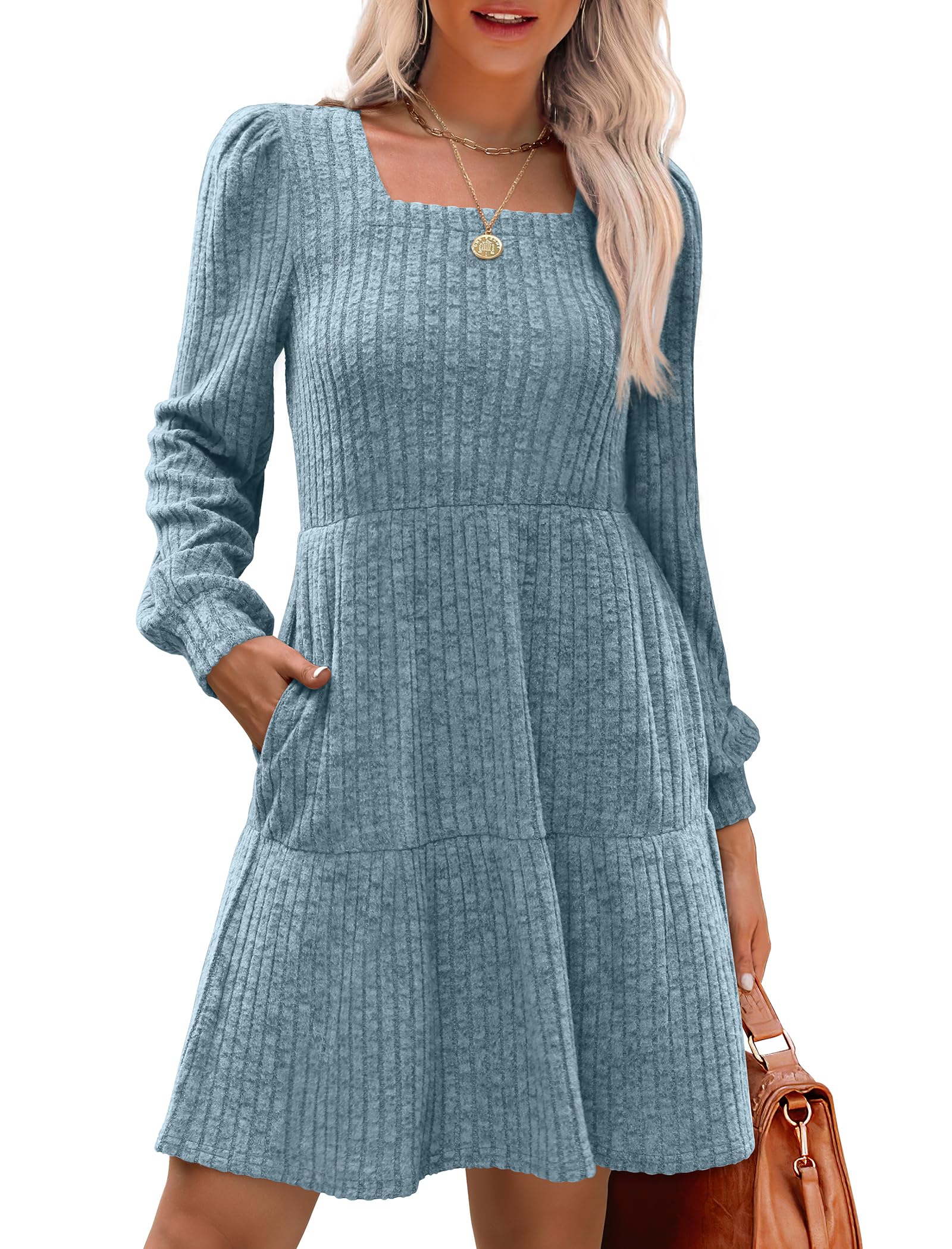 💖 Women's Square Neck Lantern Sleeve Ribbed Dress|Glow in Autumnal Elegance!🍁