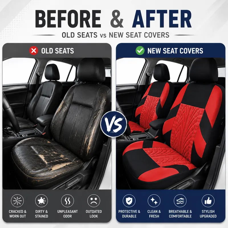 ⏰Car Seat Covers for 5 Seats Universal, Fabric Breathable Car Front & Rear Seat Protectors, Airbag Compatible, Full Protection, Fits Most Cars Trucks Vans SUVs, Red Gray Black Blue Seat Covers