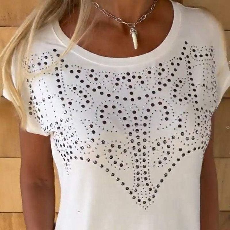 Solid Colour Short Sleeve T-shirt With Hot Print And Frayed Hem🌙