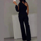 Women's One Shoulder Glitter Mesh Flared Jumpsuit