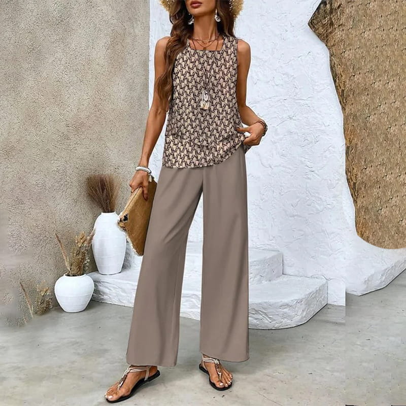 🌺 Women’s Trendy Print 2-Piece Outfit – Sleeveless Top & Pants Combo!"