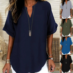 💎 Fashion Loose Short Sleeve Top – Notched V-Neck, Asymmetrical Hem & Lightweight Fabric (5 Colors, S–2XL) 👕🌸