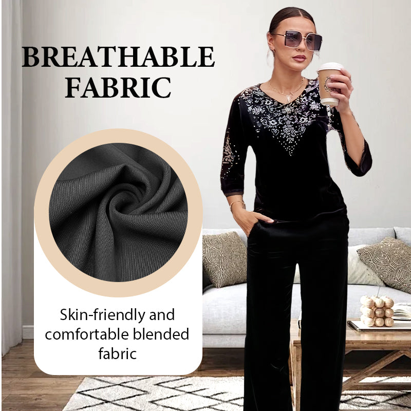 Women's Velvet Rhinestone Top & Pants Set