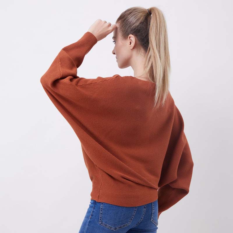 Women's Boat Neck Dolman Sleeve Ribbed Knitted Sweaters