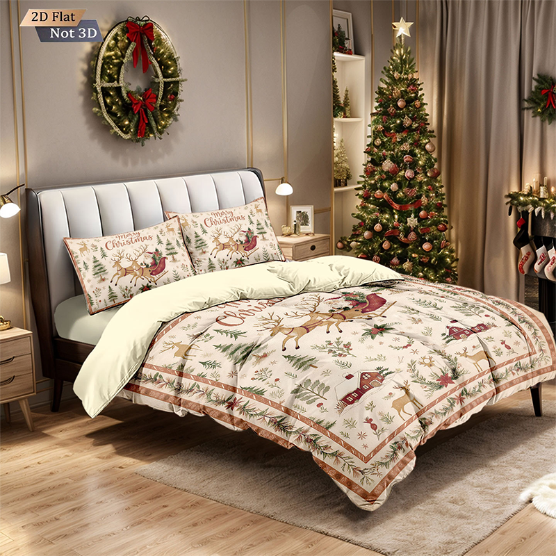 ✨ Festive Christmas 3-Piece Duvet Cover Set - Soft Brushed Polyester with Holiday Patterns for Cozy Seasonal Decor 🛏️❤️