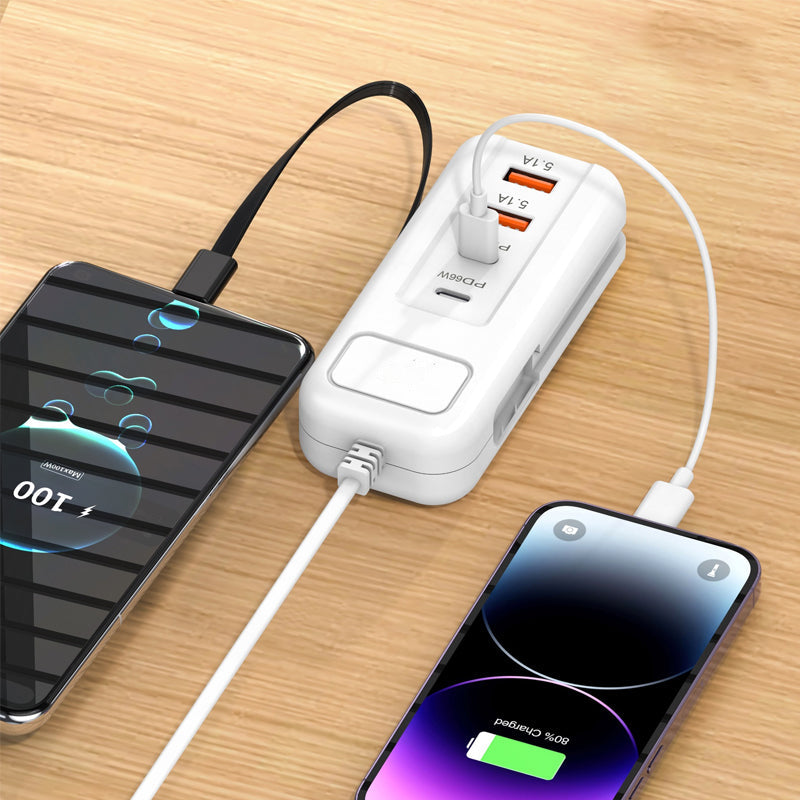⚡ Multi-Function Fast Charger 2PD + 2USB! 🔌📱 66W, Built-in Type-C Cable, Safely Charges 4 Devices Simultaneously