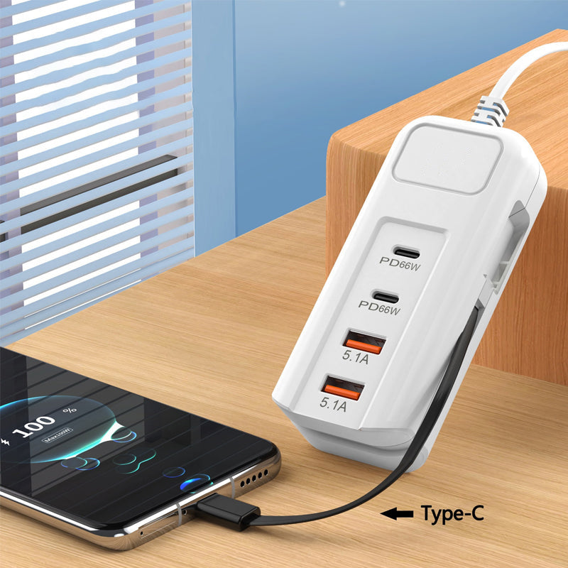 ⚡ Multi-Function Fast Charger 2PD + 2USB! 🔌📱 66W, Built-in Type-C Cable, Safely Charges 4 Devices Simultaneously