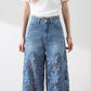 Women's High-Waisted Blue Denim Wide-Leg Pants with Cut-Out Lace Panels