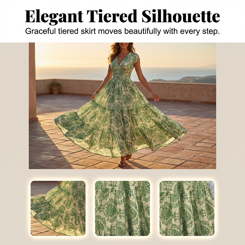 👗 Women's V-Neck Floral Smocked Maxi Dress – Elegant, Bohemian, Lightweight 🦋
