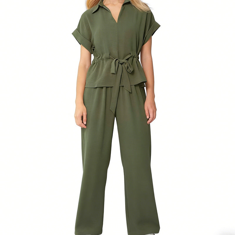 Women's Collared Drawstring Waist Top & Pants Set