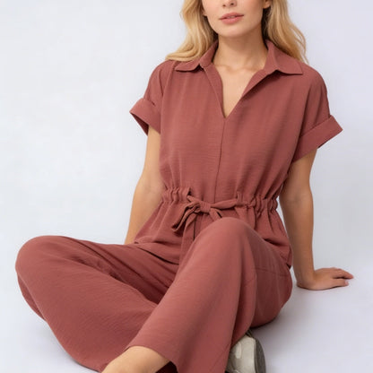 Women's Collared Drawstring Waist Top & Pants Set