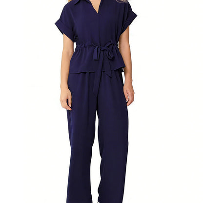 Women's Collared Drawstring Waist Top & Pants Set