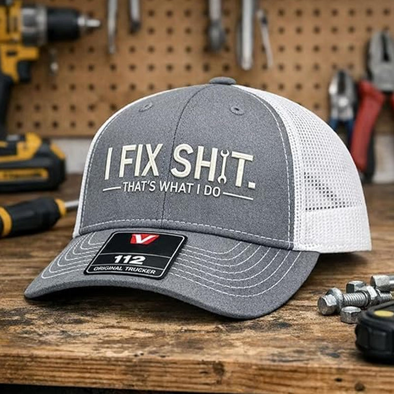🔥Mesh Back Trucker Cap with "I Fix Shit" Embroidery – Breathable Outdoor Sun Hat🧢☀️