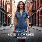 👖 ✨ Women's Cold-Shoulder Denim Dress – V-Neck, Flowy, Boho 🌼