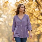 Women's V-Neck Lace Trim Button-Down Blouse