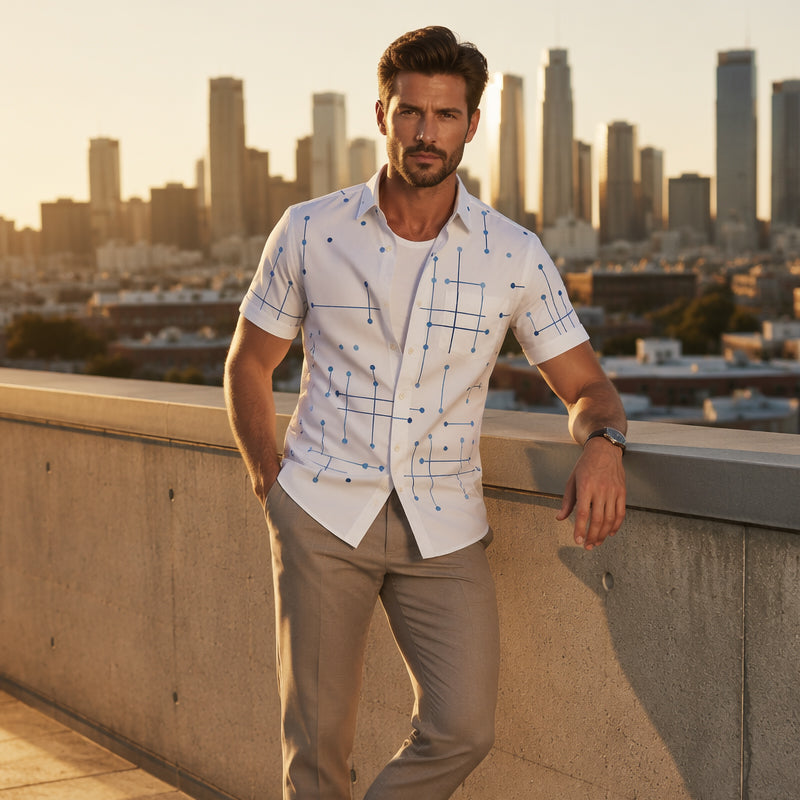 👔 📐Men’s Geometric Print Relaxed‑Fit Button‑Down Shirt