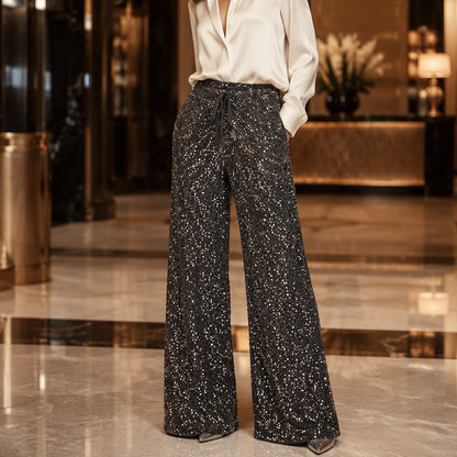 🖤Women's Glitter Fashion Adjustable Drawstring Slimming Elastic Waist Straight-Leg Pants