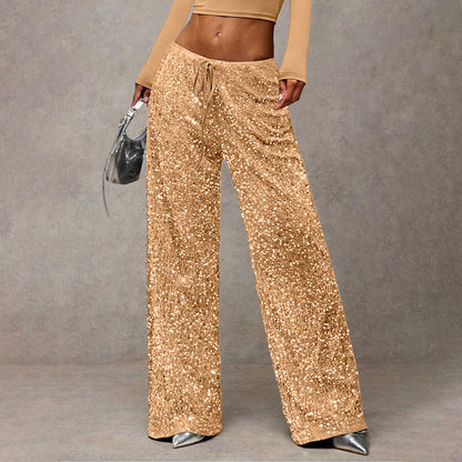 🖤Women's Glitter Fashion Adjustable Drawstring Slimming Elastic Waist Straight-Leg Pants