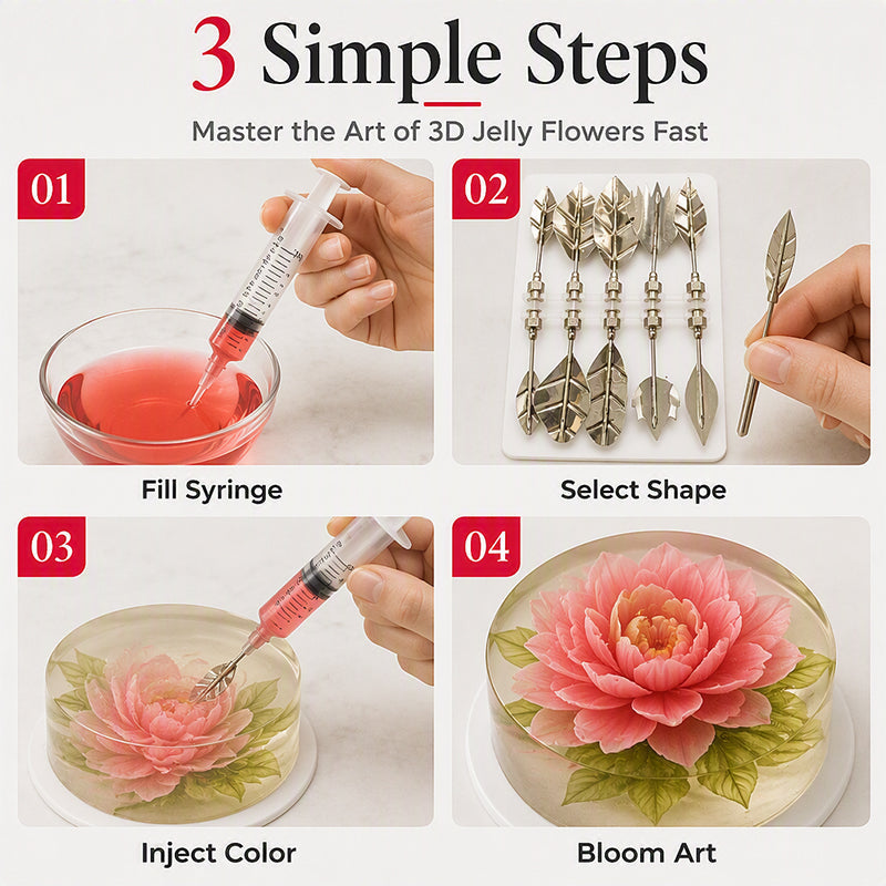 🎂Professional 3D Jelly Art Kit‑ 304 Stainless Steel 10‑Piece Floral Gelatin Art Tools with Syringe, DIY 3D Flower Jelly Cake Decorating Set for Pastry & Baking Lovers