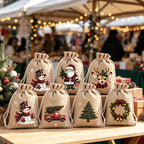 🎄 Christmas Drawstring Gift Bags‑Santa & Reindeer Polyester Pouches 🎁