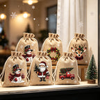 🎄 Christmas Drawstring Gift Bags‑Santa & Reindeer Polyester Pouches 🎁