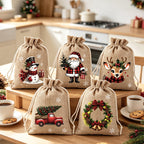 🎄 Christmas Drawstring Gift Bags‑Santa & Reindeer Polyester Pouches 🎁