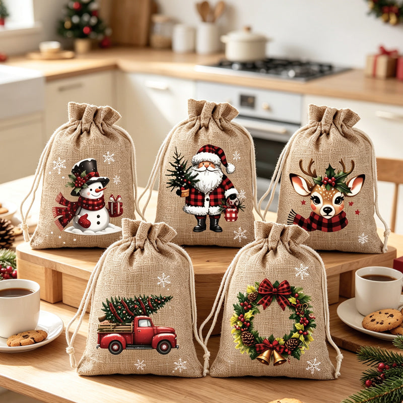 🎄 Christmas Drawstring Gift Bags‑Santa & Reindeer Polyester Pouches 🎁