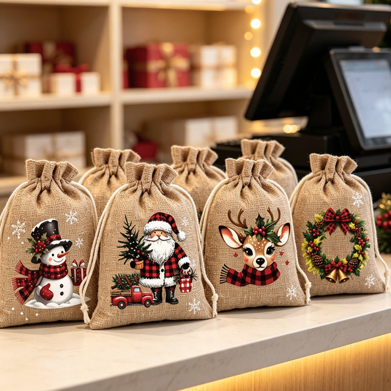 🎄 Christmas Drawstring Gift Bags‑Santa & Reindeer Polyester Pouches 🎁