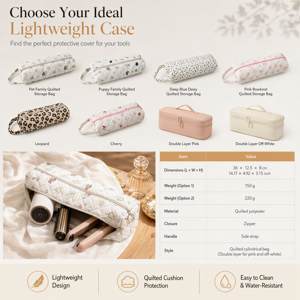 Portable Quilted Travel Storage Bag with Handle for Hair Dryer Curling Iron and Hair Straightener