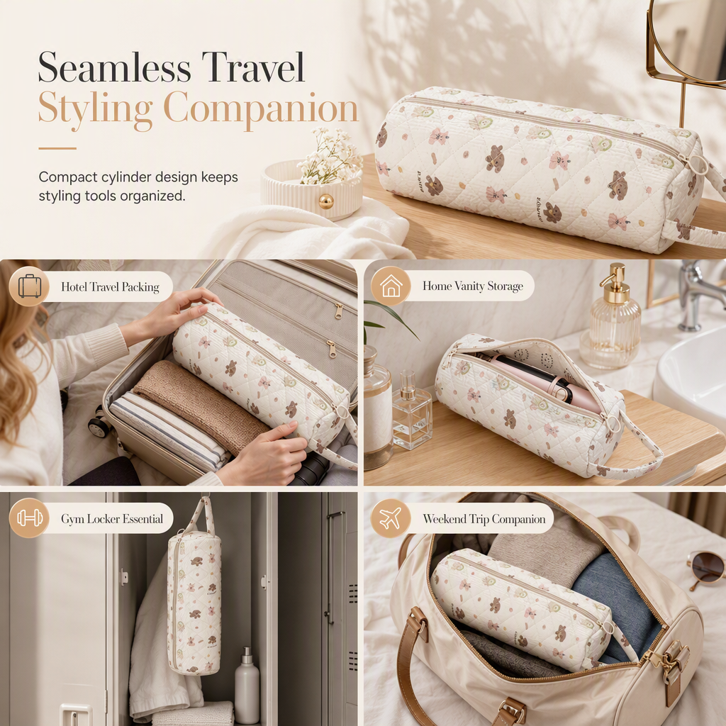 Portable Quilted Travel Storage Bag with Handle for Hair Dryer Curling Iron and Hair Straightener