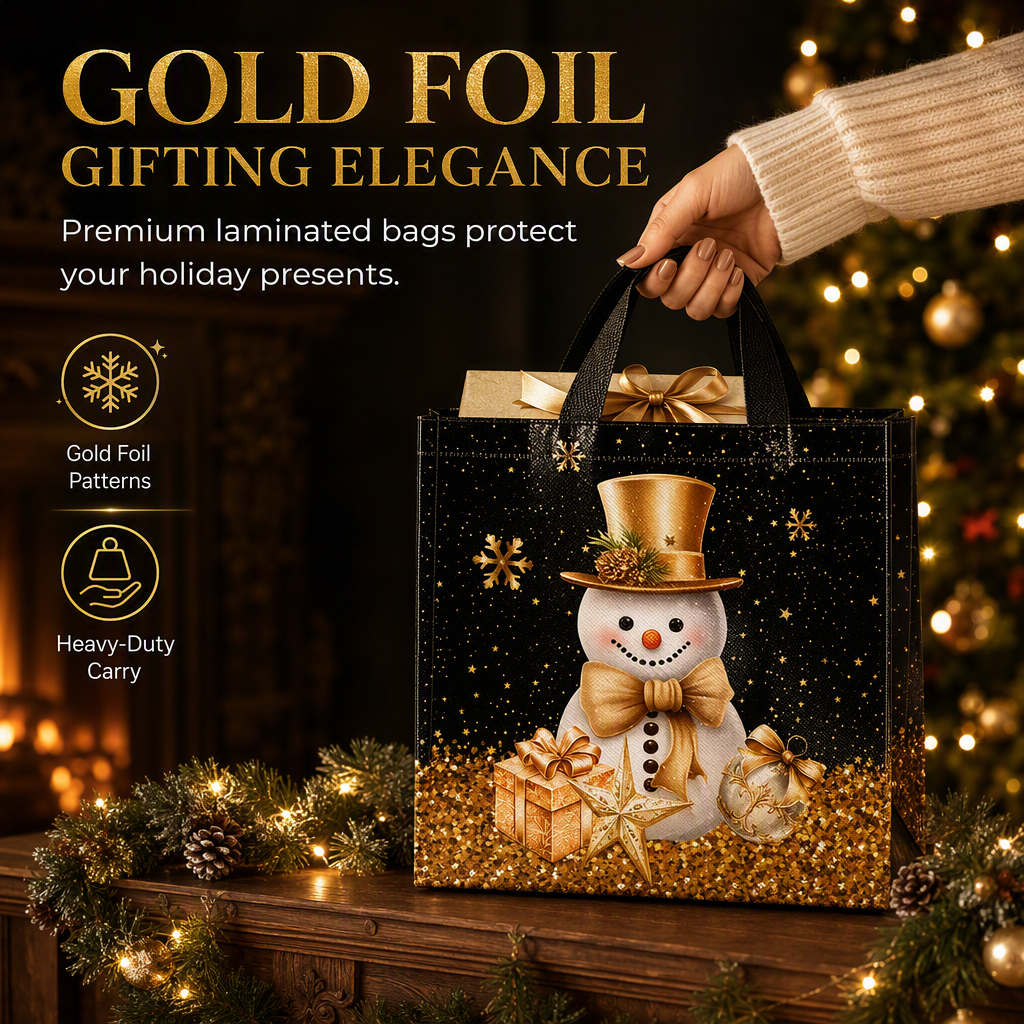 🎄 Black Christmas Non Woven Gift Tote Bag – Gold Foil, Reusable, Sturdy Handles 🎁