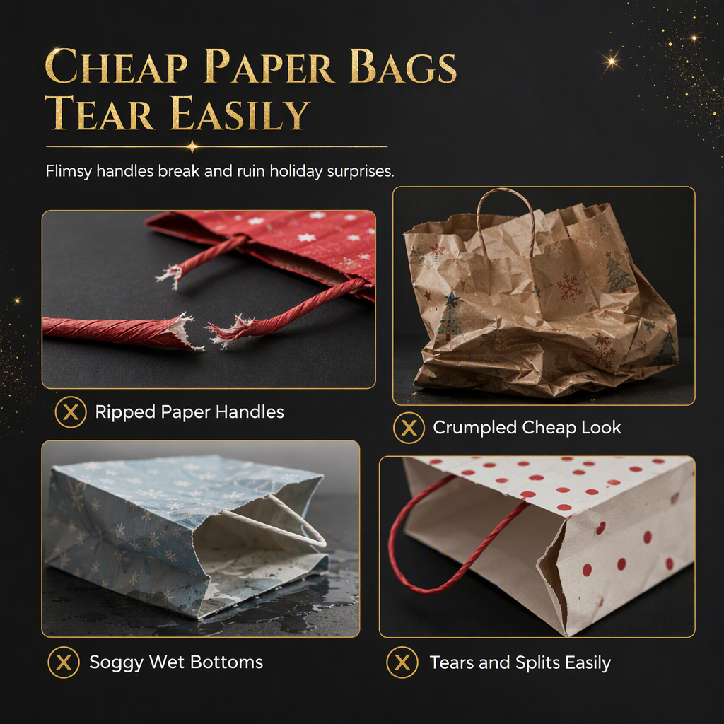 🎄 Black Christmas Non Woven Gift Tote Bag – Gold Foil, Reusable, Sturdy Handles 🎁