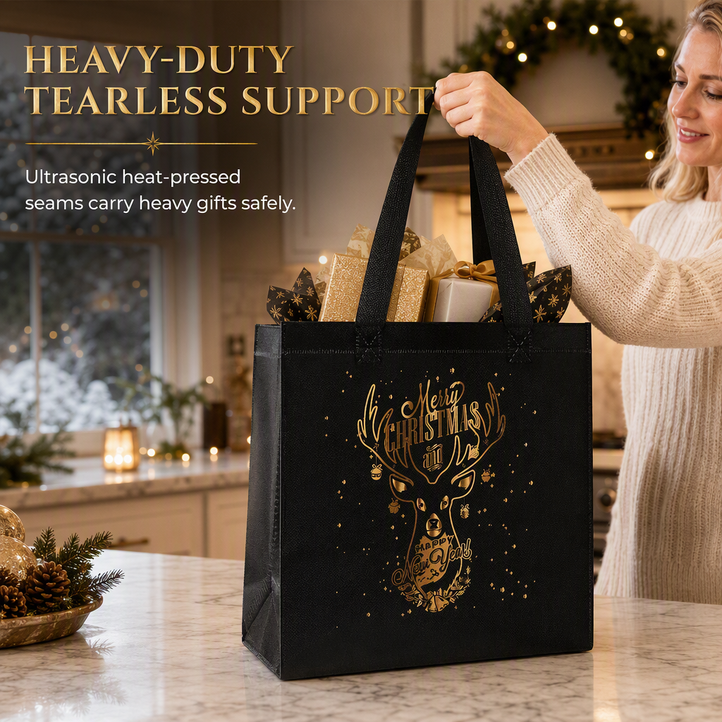 🎄 Black Christmas Non Woven Gift Tote Bag – Gold Foil, Reusable, Sturdy Handles 🎁