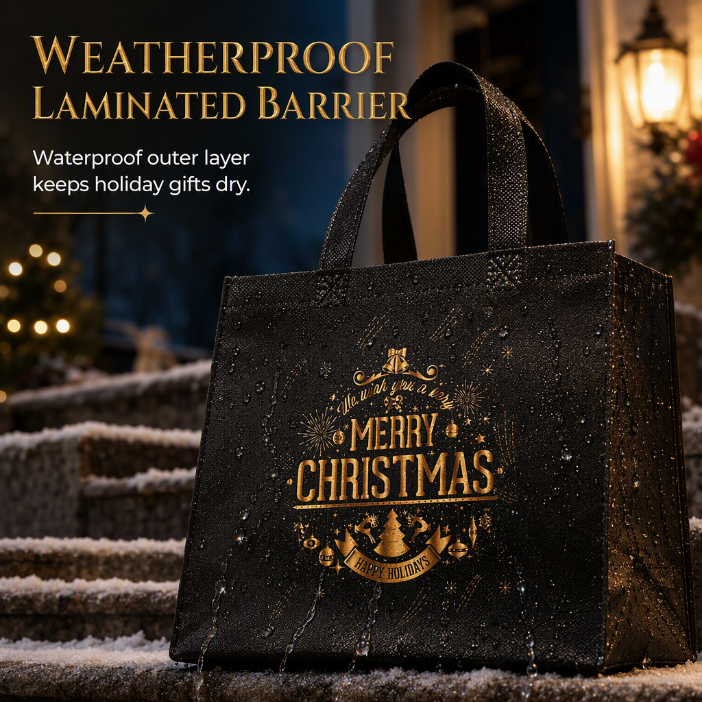 🎄 Black Christmas Non Woven Gift Tote Bag – Gold Foil, Reusable, Sturdy Handles 🎁